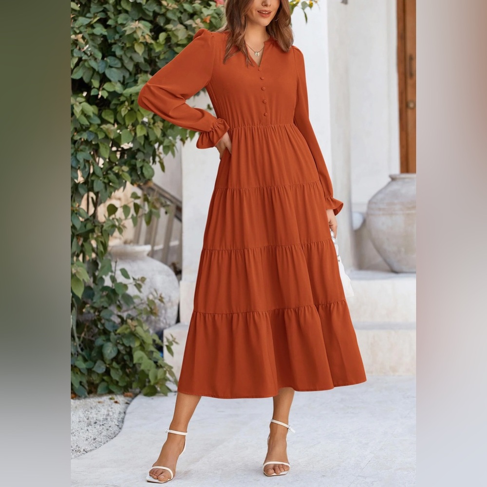 Pretty Garden Orange Long Sleeve Midi Dress